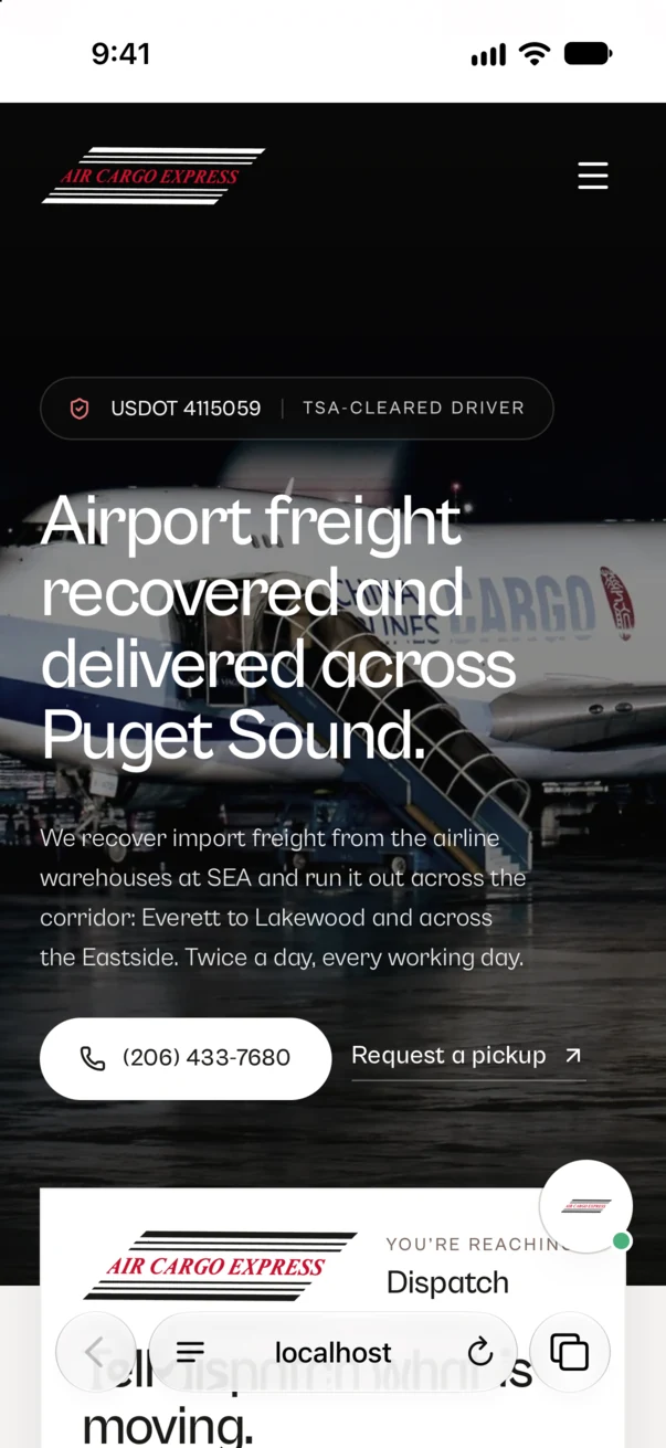 The Air Cargo Express home page in Safari on an iPhone