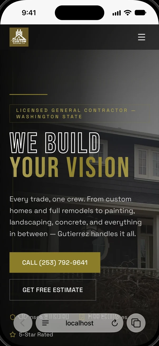The All Custom Building home page in Safari on an iPhone