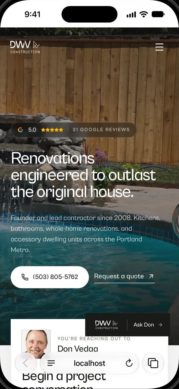 The DWV Construction home page in Safari on an iPhone