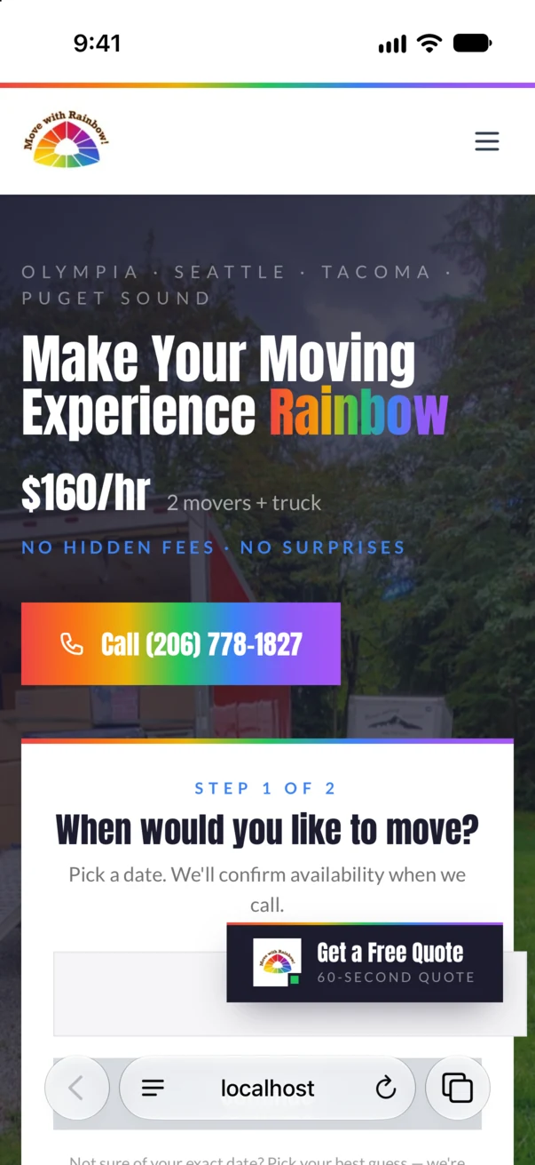 The Rainbow Movers home page in Safari on an iPhone